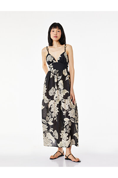 Koton Μακρύ φόρεμα από λινό με λεπτές τιράντες και κεντημένα λουλούδια