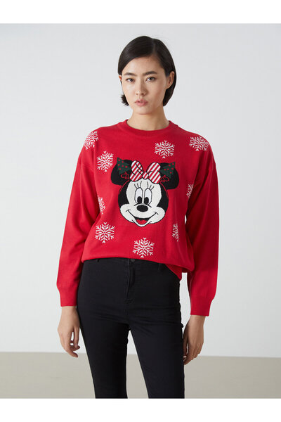 LC Waikiki Crew Neck Minnie Mouse Patterned Women's Knitwear Sweater