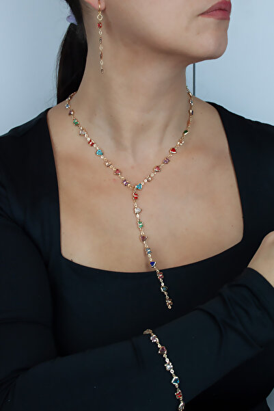 Liveyn Design Renkli Kalp Taş Detaylı Y Form Kolye Küpe Bileklik Set