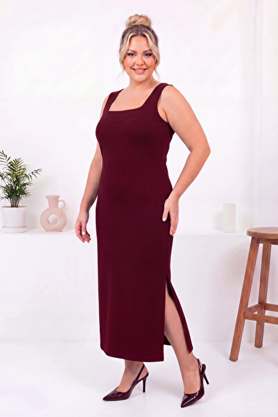 PLUSSELLE Plus Size Slit Square Neck Dress