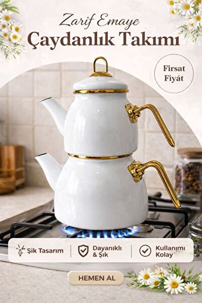 Molino indüksiyon uyumlu beyaz gold saplı aile boyu çaydanlık takımı 1+2 Lt
