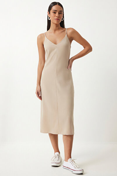 Lovelyİstanbul Καλοκαιρινό φόρεμα με τιράντες και ντραπέ σχέδιο LZV0064 STONE