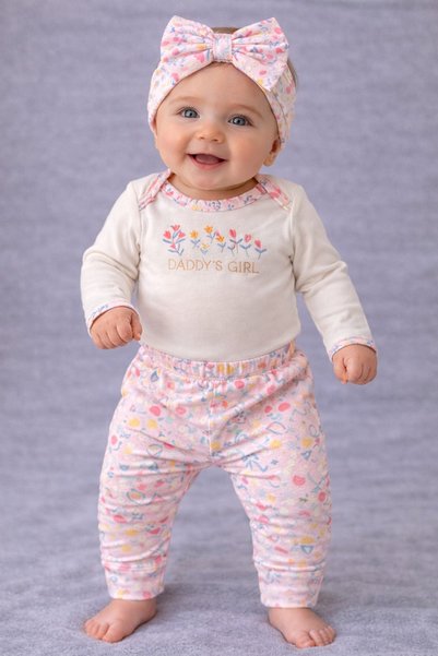 chickpea muslin طقم ملابس أطفال مكون من 3 قطع للفتيات حديثي الولادة، طقم مكون من بدلة داخلية وبنطلون وربطة شعر