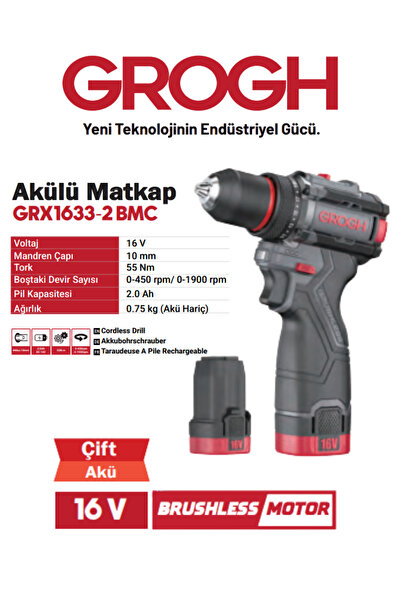 Grogh Akülü Şarjlı Matkap 16V 2Ah Delme Vidalama Matkap(BRUSHLESS MOTOR)(GRX1...