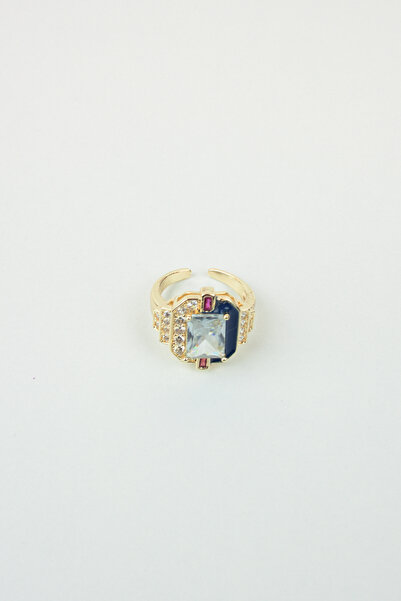 Liveyn Design Dark Blue Detailed Large Stone Gold Adjustable Ring