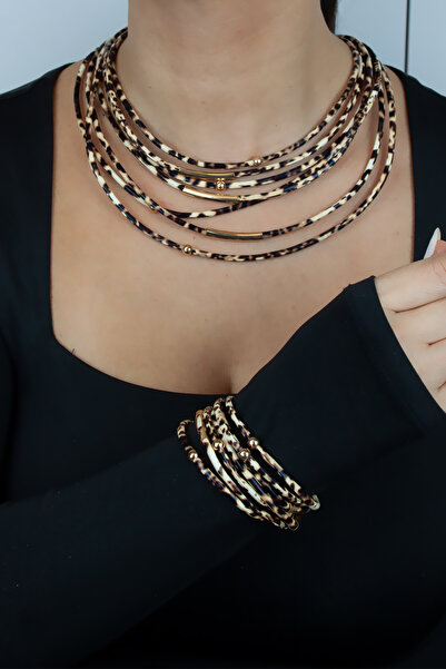 Liveyn Design Leopar Desenli Çok Katlı Mıknatıslı Kolye Bileklik Set