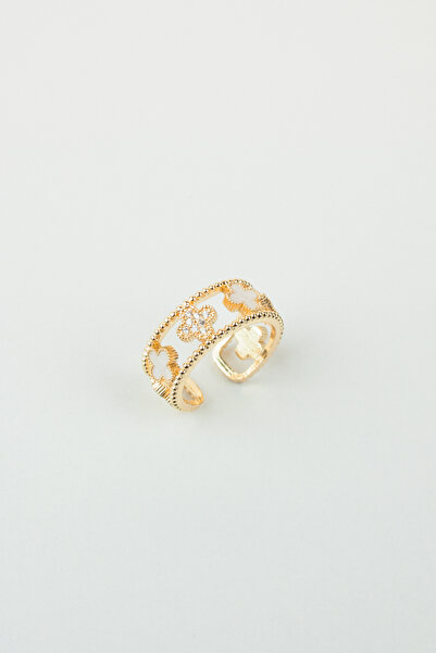 Liveyn Design White Clover Detailed Stone Gold Adjustable Ring