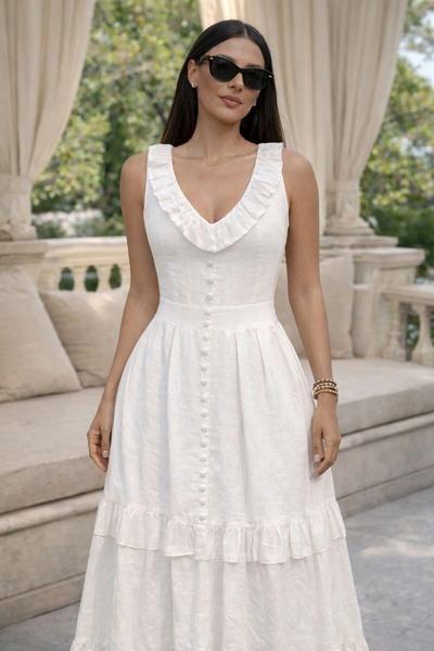 AsprinFashion Λινό φόρεμα με λαιμόκοψη V και διακοσμητικά κουμπιά μπροστά