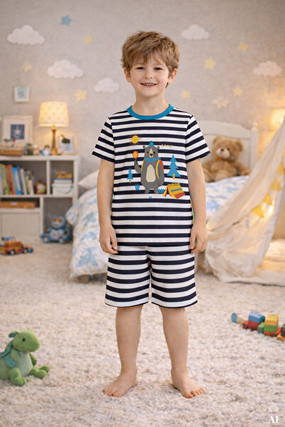 koza iç giyim Erkek Çocuk Pamuklu Çizgili Baskılı Kısa Kollu Şortlu Pijama Takımı