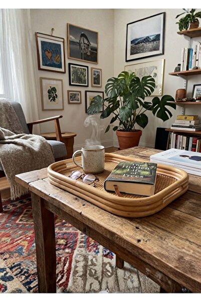 Lessio Home Coff Doğal Rattan Dikdörtgen Sunum Tepsisi - El Yapımı Boho Dekor...
