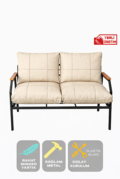 UFUK HOME İkili Koltuk Bej Bahçe Mobilyası Bahçe Takımı Metal Balkon Takımı Ç...