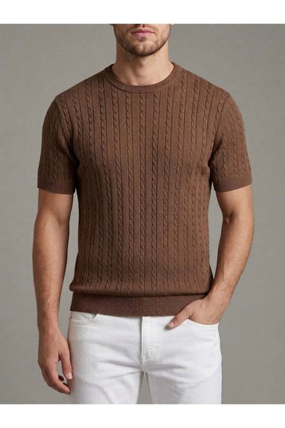 homiro Men's Beige Corded Fabric Knitwear Slim Fit T-Shirt