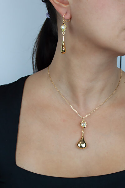 Liveyn Design Pearl Detailed Drop Form Gold Women's Necklace Earring Set