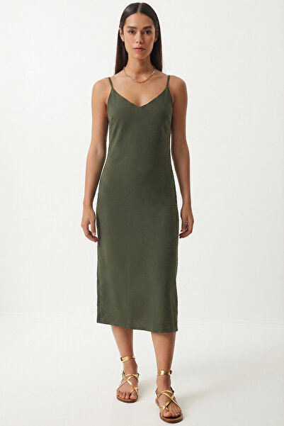 Lovelyİstanbul Καλοκαιρινό φόρεμα με τιράντες και ντραπέ σχέδιο LZV0064 ΧΑΚΙ