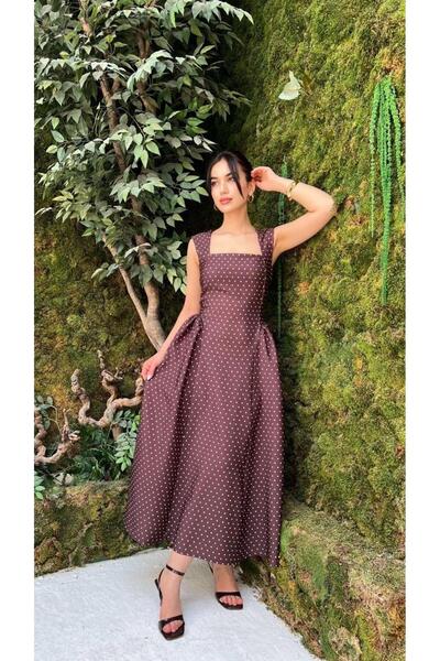 Moda Palmiss Γυναικείο καφέ πουά φόρεμα με τετράγωνο γιακά, αμάνικο, μίντι