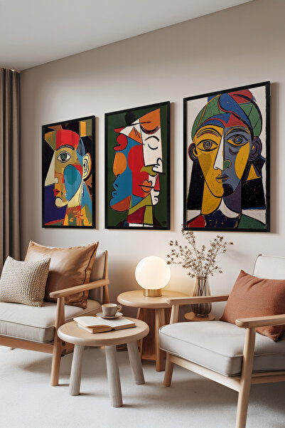 Zestia Siyah Çerçeveli 3’lü Tablo Seti, Abstract Faces – Modern Renkli Portre...