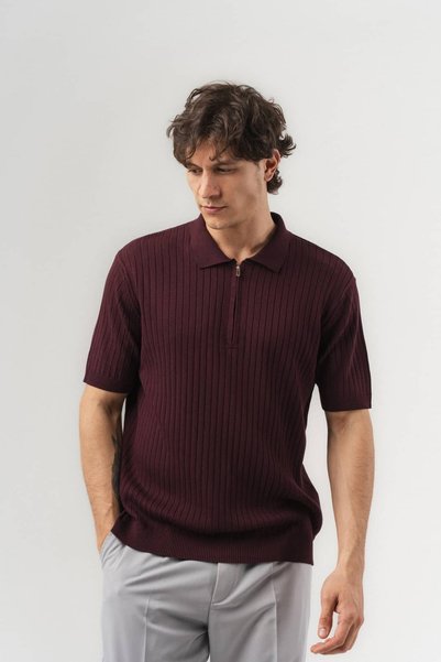go gang own Half Zip Polo Collar Knitwear T-Shirt with Half Zipper Detail