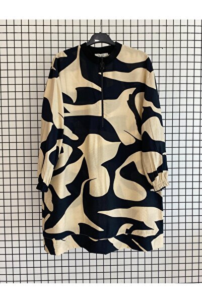 Armine Trendy Collar Zippered Patterned Viscose Fabric Summer Wide Fit Tunic