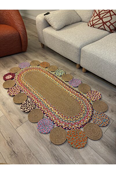 MaVaux Şölen Etnik El Örgüsü Jüt Halat Kilim Renkli Oval Bohem Kilim, Dekorat...