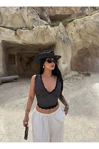 kırmızı butiks Μαύρο Μπραλέτ με Πουά και Δαντέλα