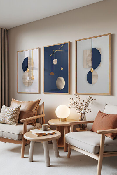 Zestia Σετ 3 πινάκων με ξύλινο πλαίσιο, Γεωμετρικό Χρυσό – Σετ Μοντέρνας Ισορ...