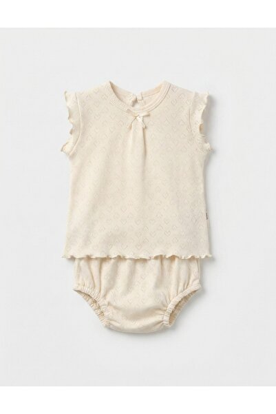 MiniKids Set tricou + chilotel, cu inimioare, crem