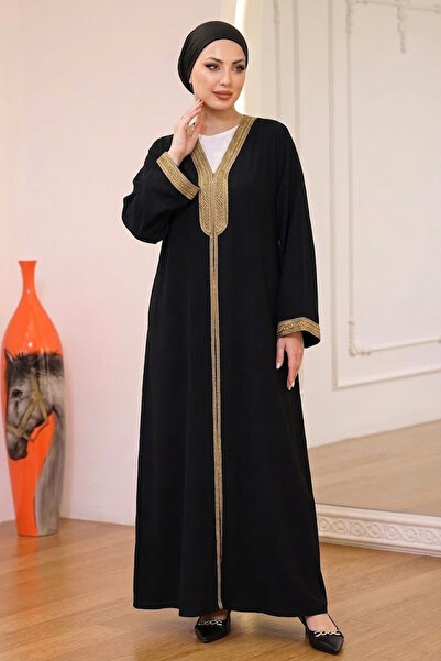 Muchmy Premium Nida Fabric Open Front Gold Stone Detailing Women's Abaya Mode...