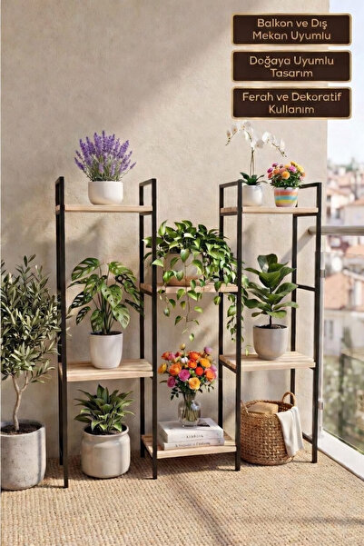Bino 6 Raflı Çok Amaçlı Çiçeklik Metal Gövde Ahşap Raf Bitki Standı Balkon Salon Saksılık