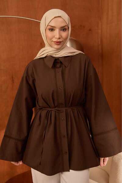 İmajButik Καφέ τουνίκ με φαρδιά μανίκια, κουμπιά και δέσιμο στη μέση