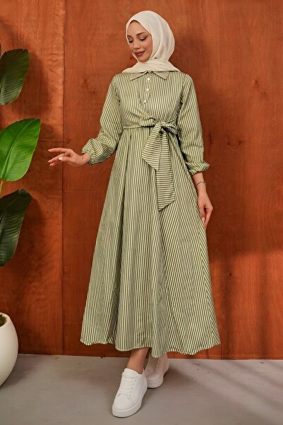 İmajButik Χακί ριγέ φόρεμα με κουμπιά στο γιακά και δέσιμο στο πλάι