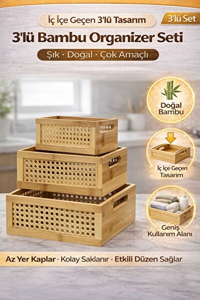 Funny Life 3’lü Bambu Organizer Seti İç İçe Geçmeli Çok Amaçlı Dolap Çekmece ...
