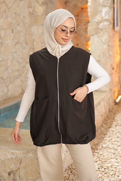 İmajButik Brown Zippered Pocket Vest