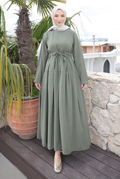 İmajButik Πράσινη μπροστινή φούστα με πλισέ λεπτομέρεια και υφαντό φόρεμα μον...