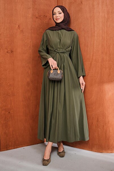 İmajButik Χακί Φόρεμα με Πλισέ Σχέδιο και Δέσιμο στη Μέση