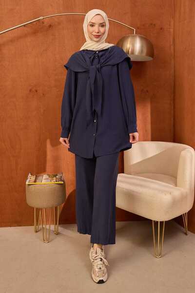 İmajButik Navy Blue Shawl Detailed Tunic Pants Suit