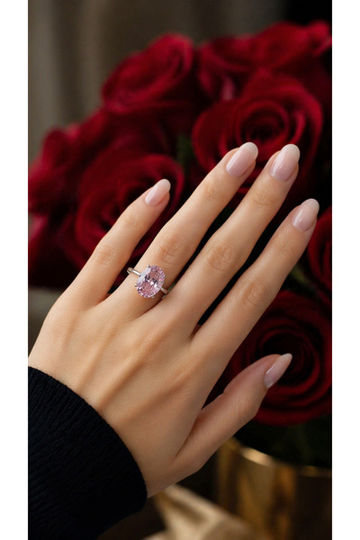Silveranka 925 Ayar Gümüş Pembe Işıltılı Oval Kesim (Ice Cut) Taşlı Yüzük