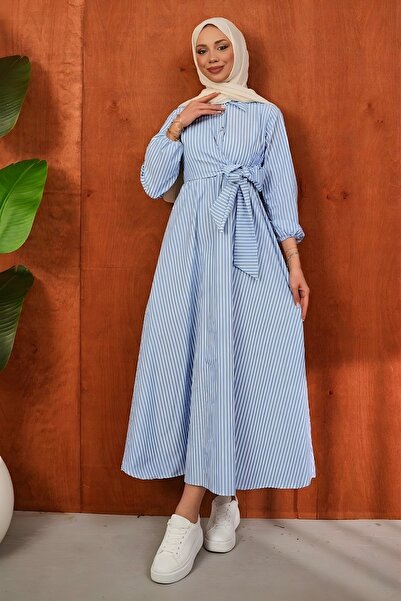 İmajButik Μπλε βρεφικό φόρεμα με ριγέ σχέδιο, κουμπιά στο λαιμό και δέσιμο στ...