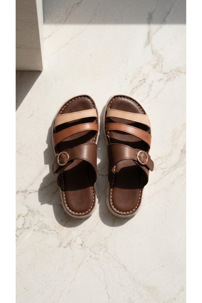 MY DERİ Clemy Women's Genuine Leather Orthopedic Buckle Colorful Slippers 4534