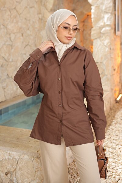 İmajButik Καφέ πουκάμισο με κουμπιά και μανίκια νυχτερίδας από τερικότον