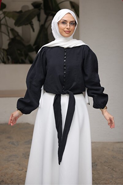 İmajButik Μαύρο πουκάμισο με κουμπιά και δέσιμο στη μέση