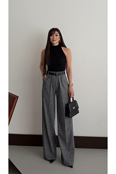 mor butik Γυναικείο παντελόνι παλάτσο με μαύρο σχέδιο ψαροκόκαλο, φαρδιά μπατ...