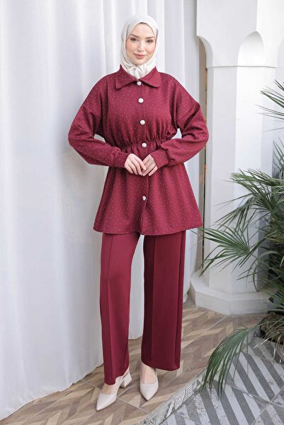 İmajButik Σετ κατάδυσης με μπορντό πέτρινη λεπτομέρεια και παντελόνι τουνίκ μ...