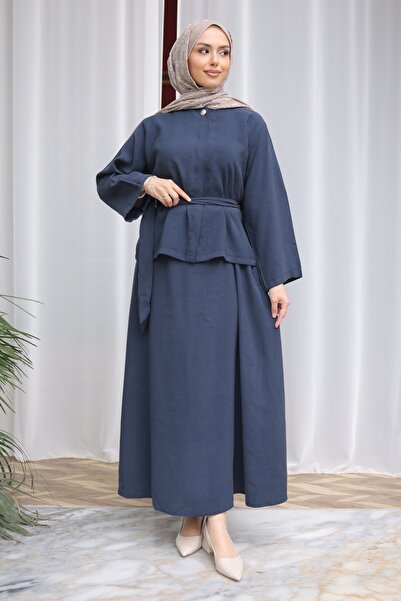 İmajButik Navy Blue Hidden Button Waist Belted Shirt Skirt Suit