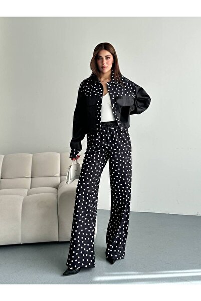Butik Beyza Polka Dot Two-Piece Set Black and White High-Waisted Pants Jacket...