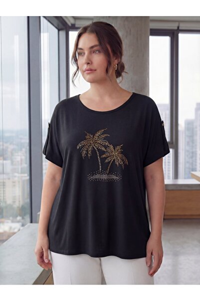 RMG Sleeve Detailed Stone Printed Plus Size T-Shirt Black
