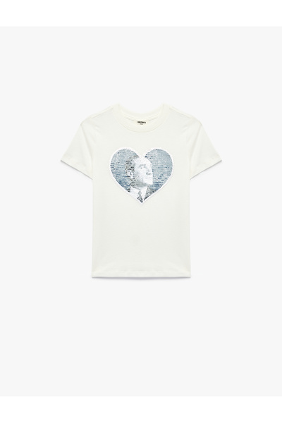 Koton Cotton Sequined Short Sleeve Crew Neck Ataturk Themed Printed T-Shirt