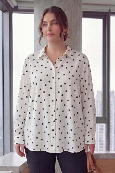 RMG Πουά μακρυμάνικο γυναικείο πουκάμισο μεγάλου μεγέθους λευκό