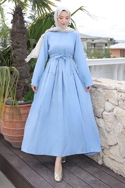 İmajButik Μπλε βρεφικό φόρεμα με πλισέ μπροστινή φούστα και δεμένη στη μέση, ...