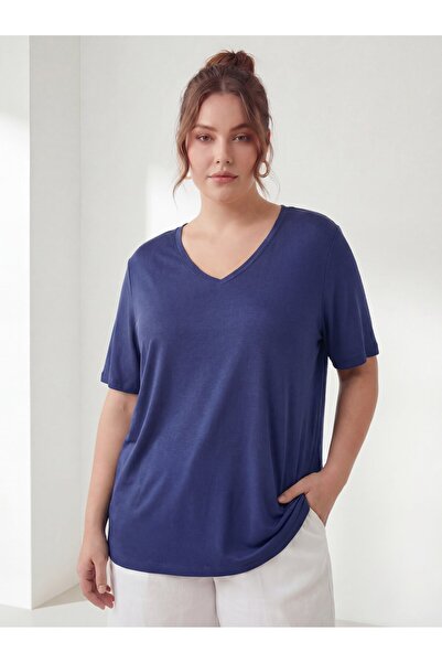 RMG Women's Plus Size V-Neck T-Shirt Navy Blue