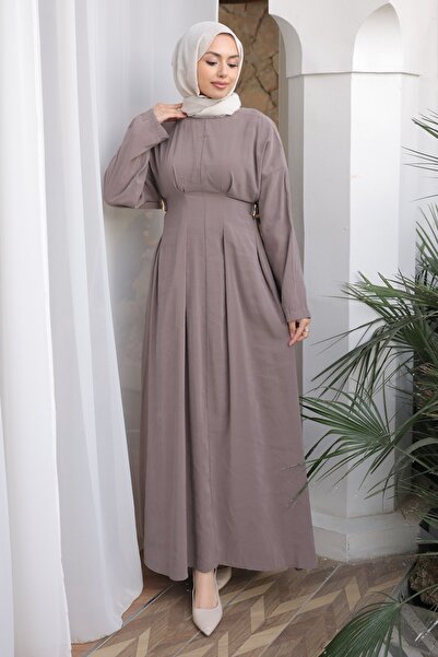 İmajButik فستان منسوج من قماش المودال بخياطة من فرو المنك وخصر مطاطي